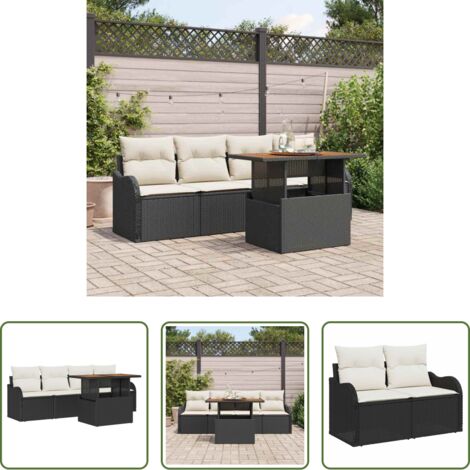vidaXL Terraza -  Conjunto de sofás de jardín 5 pcs Negro y crema ratán sintético