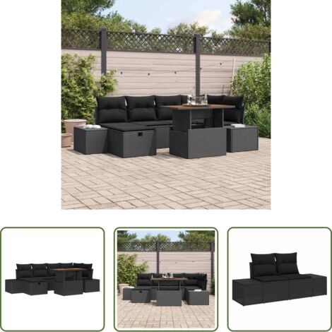 vidaXL Terraza -  Conjunto de sofás de jardín 7 pcs Negro ratán sintético