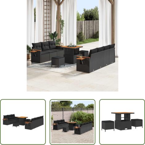 vidaXL Terraza -  Conjunto de sofás de jardín con cojín 10 pcs Negro