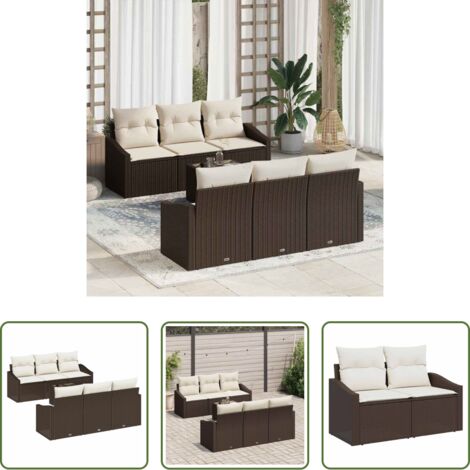 vidaXL Terraza -  Juego de Sofá con cojín 7 pcs Marrón y crema ratán sintético