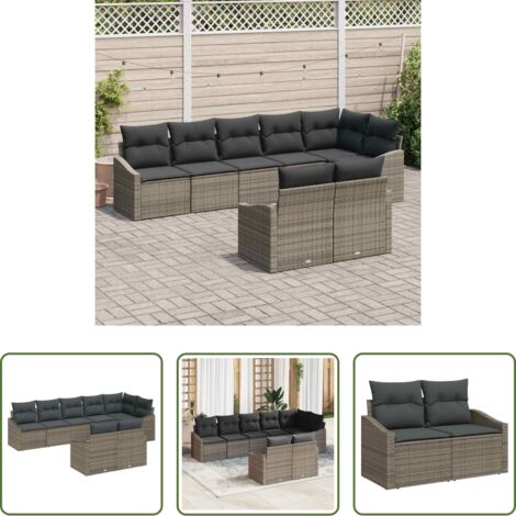 vidaXL Terraza -  Juego de Sofá con cojín 8 pcs Gris ratán sintético