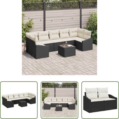 vidaXL Terraza -  Juego de Sofá con cojín 8 pcs Negro y crema ratán sintético