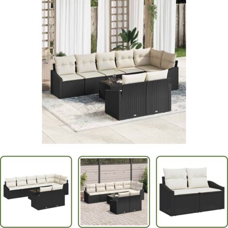 vidaXL Terraza -  Juego de Sofá con cojín 9 pcs Negro ratán sintético