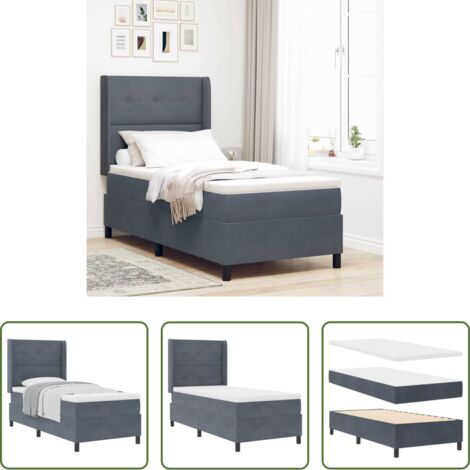 vidaXL Testata regolabile -  Letto a molle con materasso Grigio scuro 90 x 200 cm Velluto