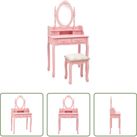 vidaXL Tocador con espejo -  Juego de tocador y taburete madera paulownia rosa 75x69x140 cm