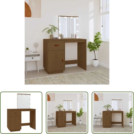 vidaXL Tocador con luz LED -  Mesa tocador LED madera maciza pino marrón miel 95x50x133,5 cm