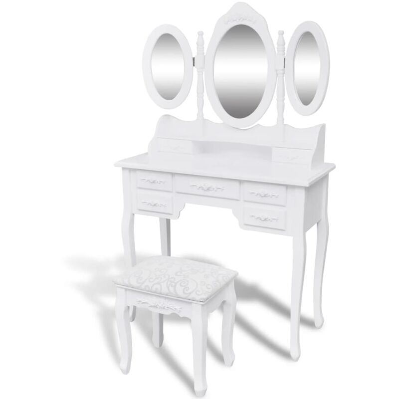 

vidaXL Tocador con taburete y 3 espejos blanco - Blanco