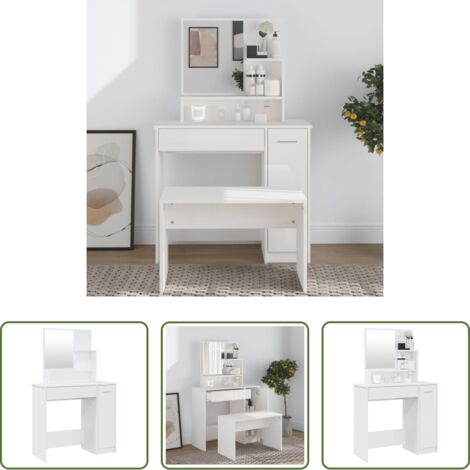 vidaXL Tocador de madera contrachapada -  Tocador con espejo blanco brillante 86,5x35x136 cm
