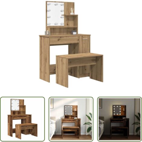 vidaXL Toeletta con luci LED -  Set Tavolo da Toeletta con LED Legno Antico Legno Multistrato