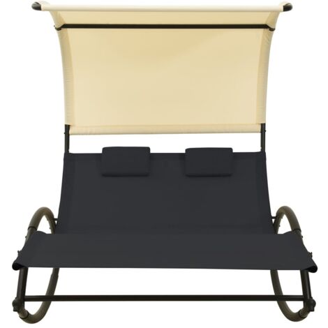 Vidaxl – Transat double avec auvent textilène noir et crème – Cadre en acier robuste – Dimensions 139 x 180 x 170 cm – Avec 2 oreillers
