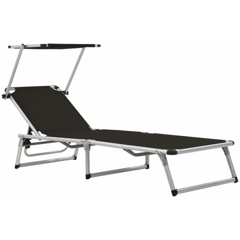 Vidaxl – Transat pliable avec auvent – Aluminium et textilène noir – Dossier réglable – Dimensions 186x58x25,5 cm – Capacité 110 kg