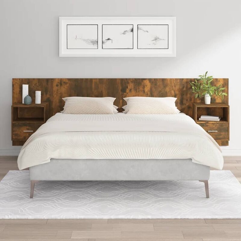 T&ecirc;te de lit avec armoires Ch&ecirc;ne fum&eacute; Bois d'ing&eacute;nierie - Vidaxl