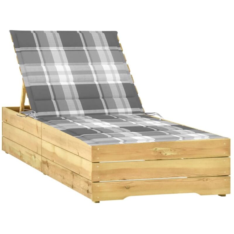 

vidaXL Tumbona con cojín estampado de cuadros grises pino impregnada - Multicolor