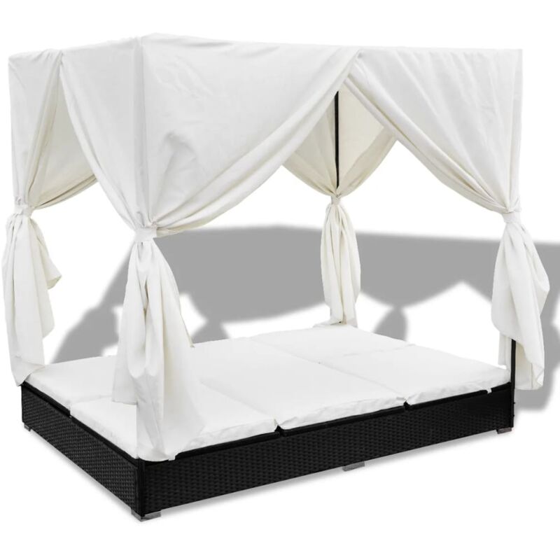 

vidaXL Tumbona con cortinas de ratán sintético negro - Negro