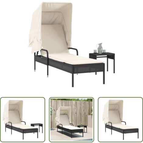 vidaXL Tumbona con mesa - Tumbona con capota y mesa ratán sintético negro
