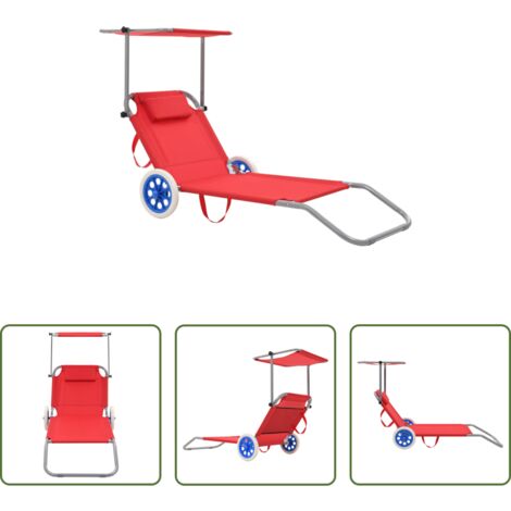 vidaXL Tumbona con ruedas -  Tumbona plegable con toldo y ruedas acero roja