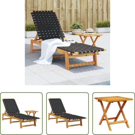 vidaXL Tumbona de acacia -  Tumbona con mesa madera maciza de acacia y tela negra