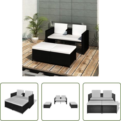 vidaXL Tumbona de dos plazas -  Set muebles de jardín 4 piezas y cojines ratán sintético negro