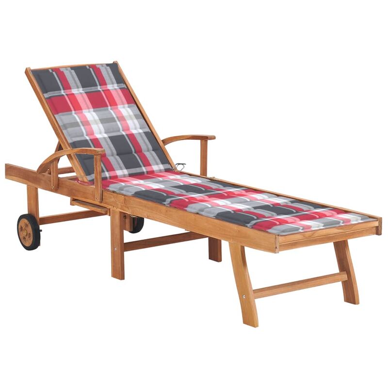 

vidaXL Tumbona de madera maciza de teca con cojín a cuadros rojos - Marrón