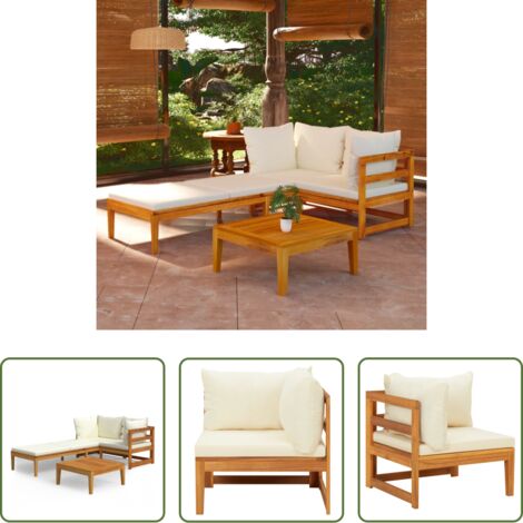 vidaXL Tumbona -  Muebles de jardín 3 pzas con cojines crema madera de acacia