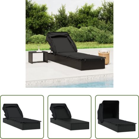 vidaXL Tumbona para piscina -  Tumbona con toldo plegable ratán sintético negro 213x63x97cm