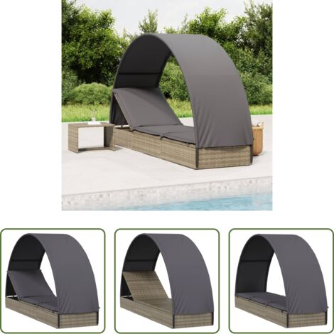 vidaXL Tumbona para piscina -  Tumbona con toldo redondo ratán sintético gris 211x57x140 cm