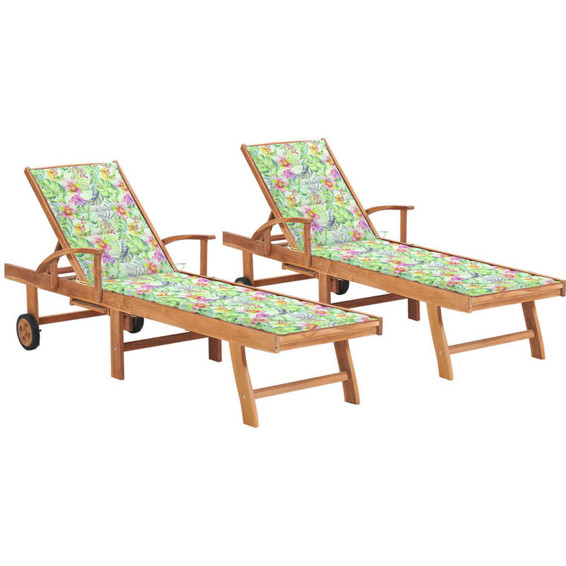 

vidaXL Tumbonas 2 uds madera maciza de teca con cojín estampado hojas - Marrón
