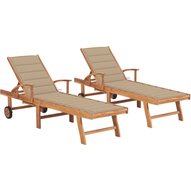 

vidaXL Tumbonas 2 unidades madera maciza de teca con cojín beige - Marrón