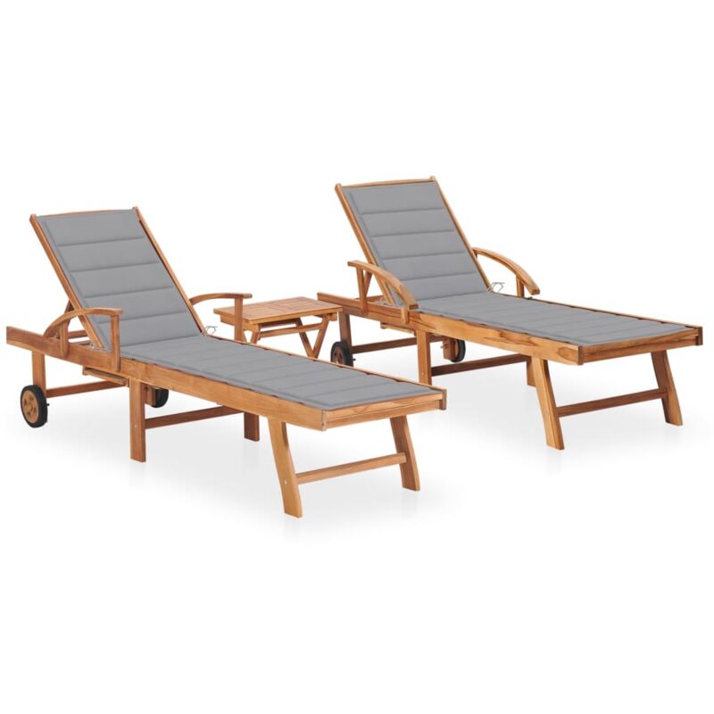

vidaXL Tumbonas 2 unidades madera maciza de teca con mesita y cojín - Marrón