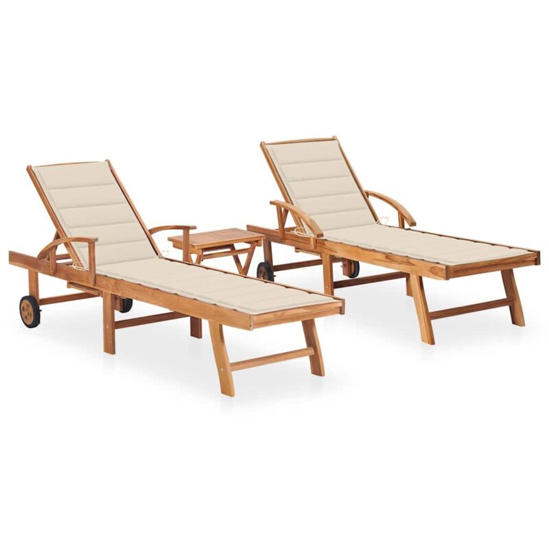 

vidaXL Tumbonas 2 unidades madera maciza de teca con mesita y cojín - Marrón