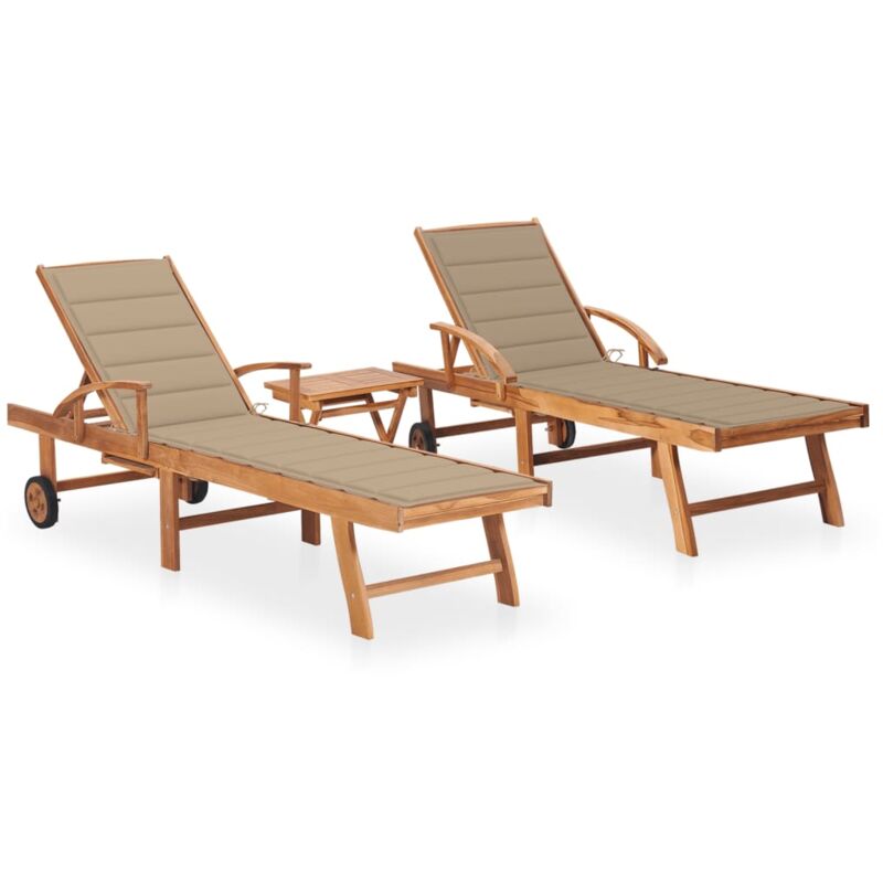 

vidaXL Tumbonas 2 unidades madera maciza de teca con mesita y cojín - Marrón