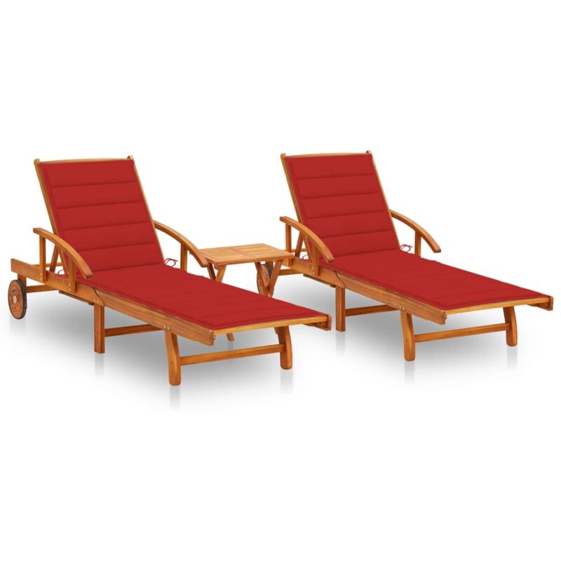

vidaXL Tumbonas con mesa y cojines 2 uds madera maciza de acacia - Rojo