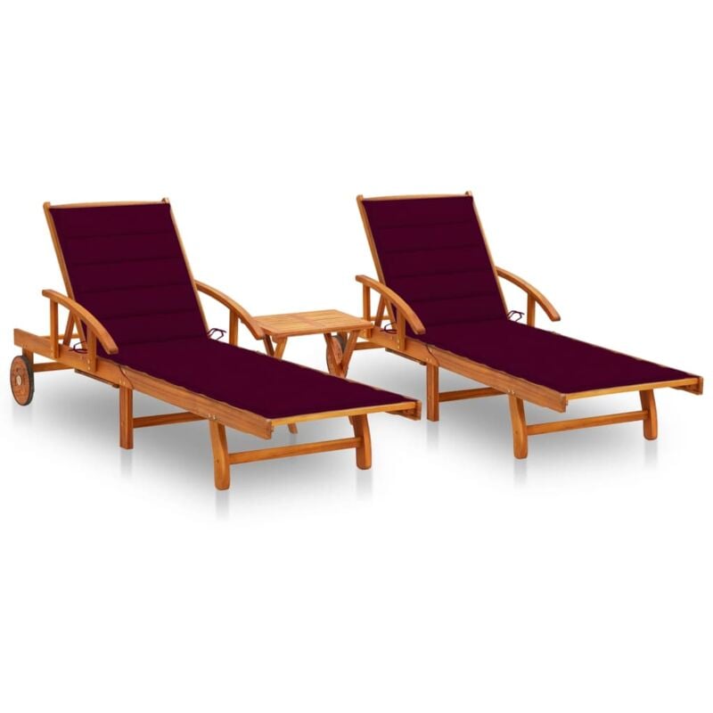 

vidaXL Tumbonas con mesa y cojines 2 uds madera maciza de acacia - Rojo