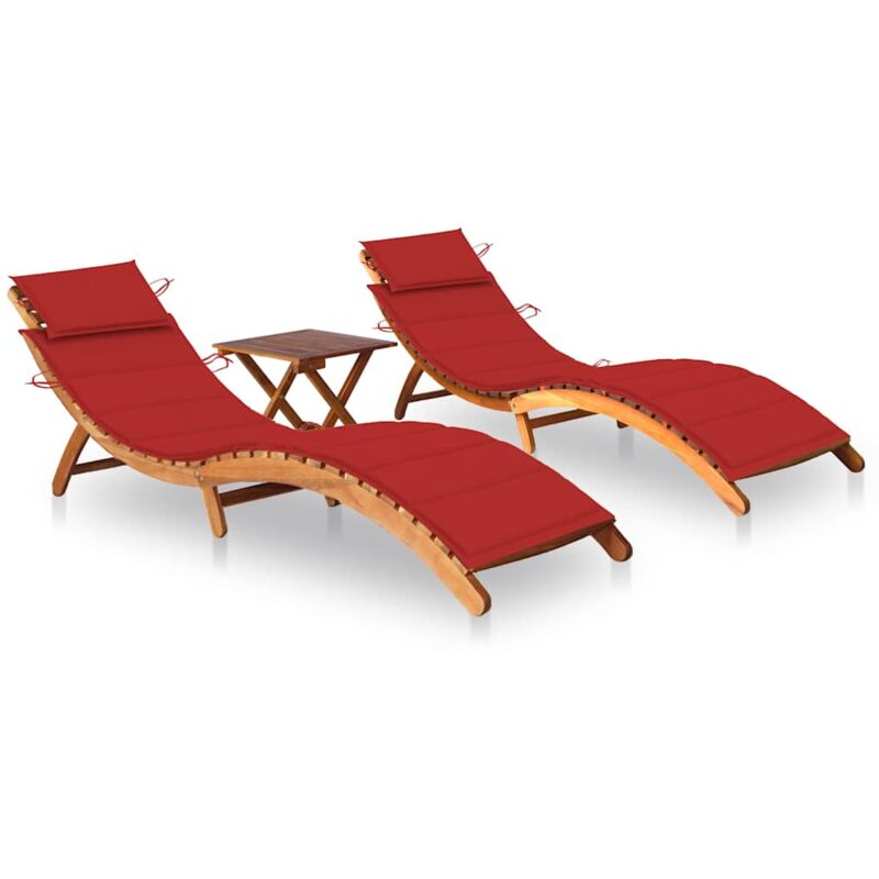 

vidaXL Tumbonas con mesa y cojines 2 uds madera maciza de acacia - Rojo