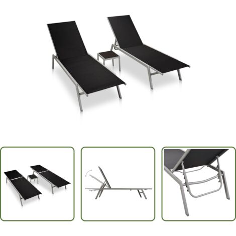 vidaXL Tumbonas de camping -  Tumbonas con mesitas 2 uds acero y textileno negro