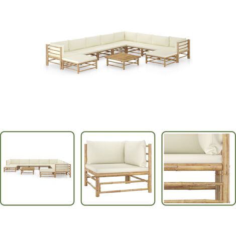 vidaXL Tumbonas de exterior -  Set de muebles de jardín 11 piezas bambú y cojines blanco crema
