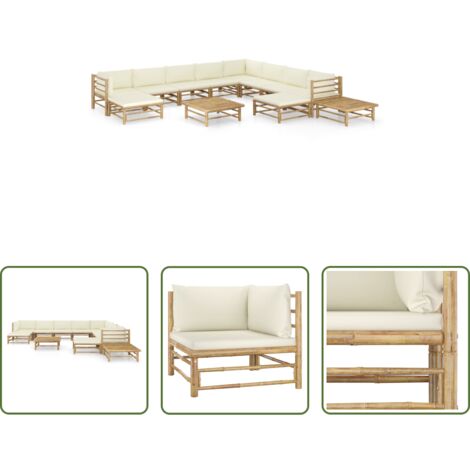vidaXL Tumbonas de exterior -  Set de muebles de jardín 12 piezas bambú y cojines blanco crema