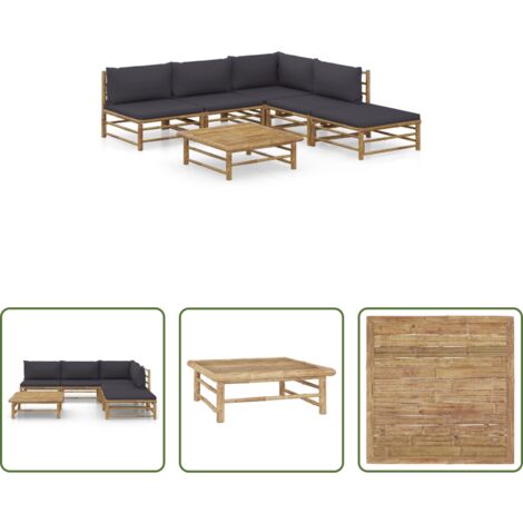 vidaXL Tumbonas de exterior -  Set de muebles de jardín 6 piezas bambú con cojines gris oscuro