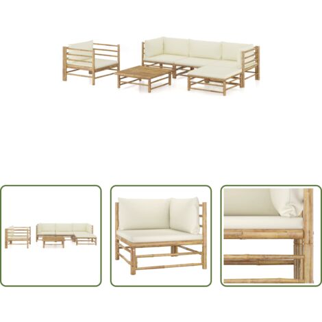 vidaXL Tumbonas de exterior -  Set de muebles de jardín 6 piezas bambú y cojines blanco crema