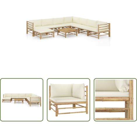 vidaXL Tumbonas de exterior -  Set de muebles de jardín 9 piezas bambú y cojines blanco crema