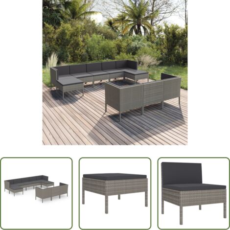 vidaXL Tumbonas de jardín -  Set de muebles de jardín 10 pzas y cojines ratán sintético gris