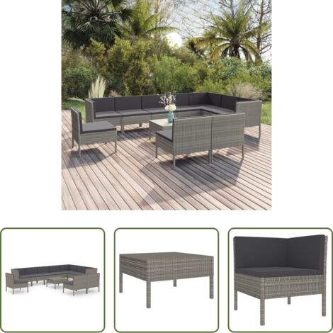 vidaXL Tumbonas de jardín -  Set de muebles de jardín 11 pzas y cojines ratán sintético gris