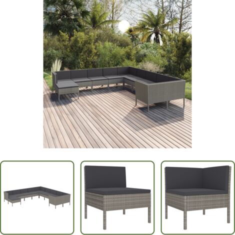vidaXL Tumbonas de jardín -  Set de muebles de jardín 11 pzas y cojines ratán sintético gris