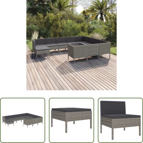 vidaXL Tumbonas de jardín -  Set de muebles de jardín 11 pzas y cojines ratán sintético gris