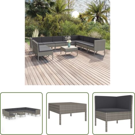 vidaXL Tumbonas de jardín -  Set de muebles de jardín 11 pzas y cojines ratán sintético gris