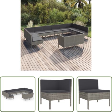 vidaXL Tumbonas de jardín -  Set de muebles de jardín 12 pzas y cojines ratán sintético gris
