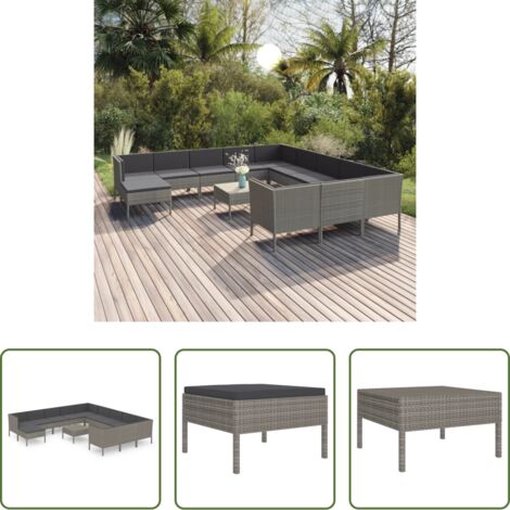 vidaXL Tumbonas de jardín -  Set de muebles de jardín 13 pzas y cojines ratán sintético gris