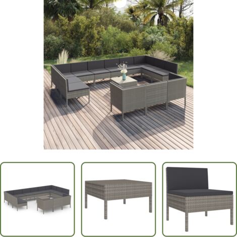 vidaXL Tumbonas de jardín -  Set de muebles de jardín 14 pzas y cojines ratán sintético gris