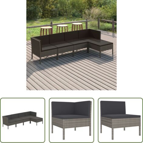 vidaXL Tumbonas de jardín -  Set de muebles de jardín 5 pzas y cojines ratán sintético gris