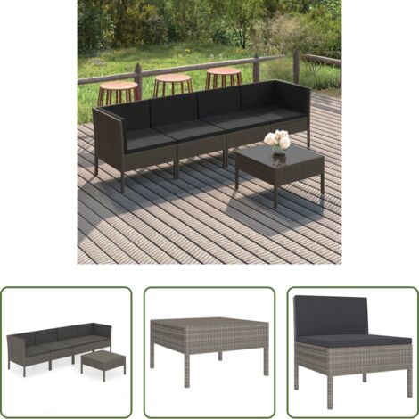 vidaXL Tumbonas de jardín -  Set de muebles de jardín 5 pzas y cojines ratán sintético gris